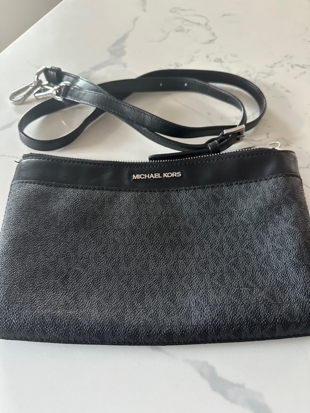 Michael Kors Black Textured Crossbody Wristlet with Silver Logo